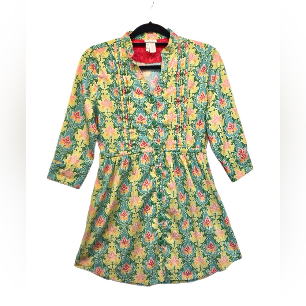 Matilda Jane Dress Button‎ up 3/4 Sleeve Tie Waist Floral Green Yellow Size S